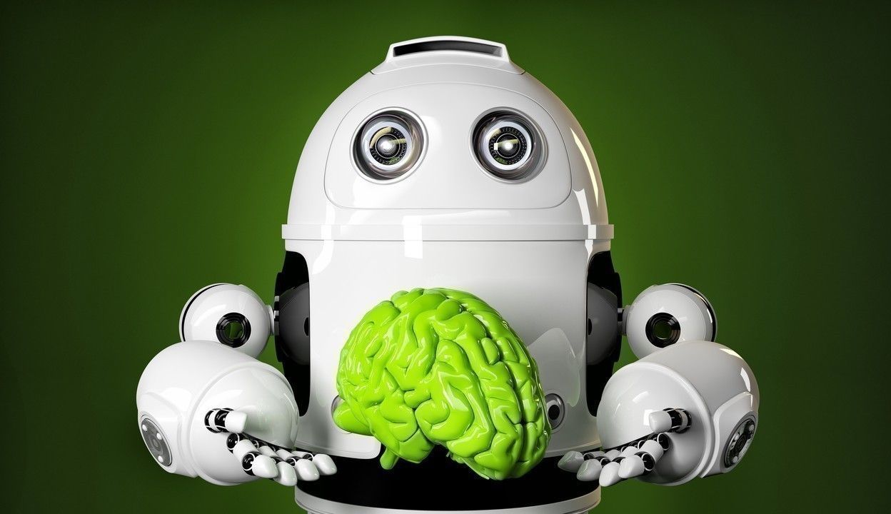 Android holding a large green brain