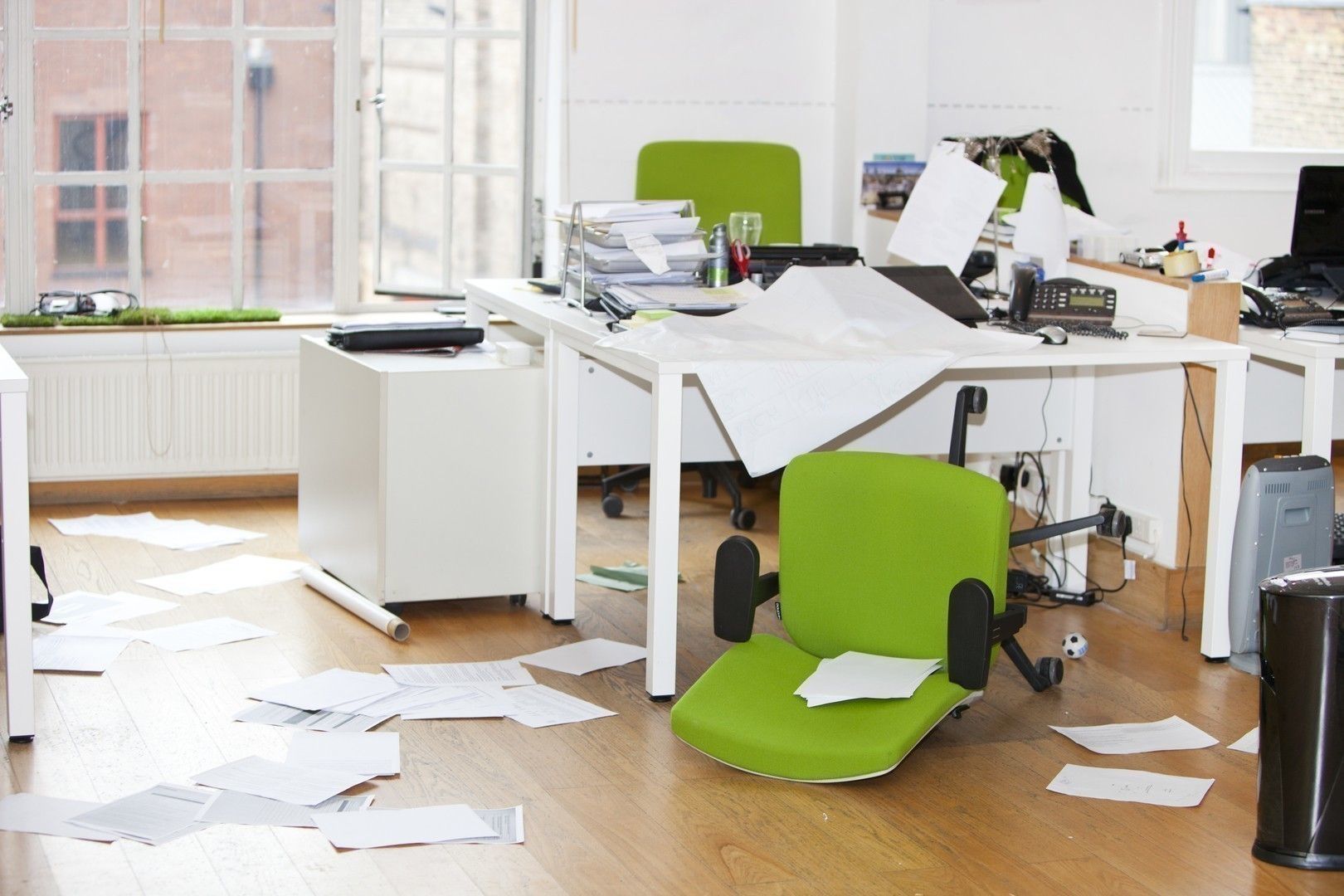Close-up view of ransacked office